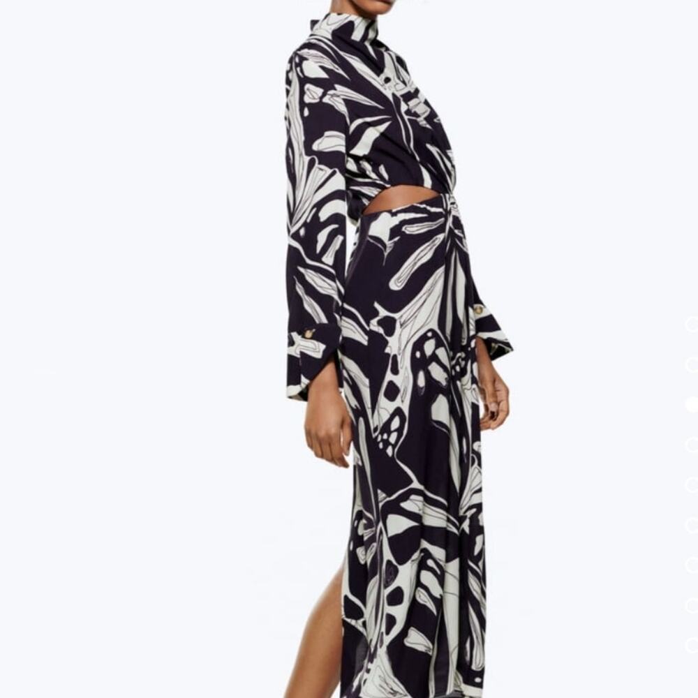 ZARA Printed Cut-out Long Sleeve Midi Dress Butterfly Print Purple XS - Picture 2 of 10